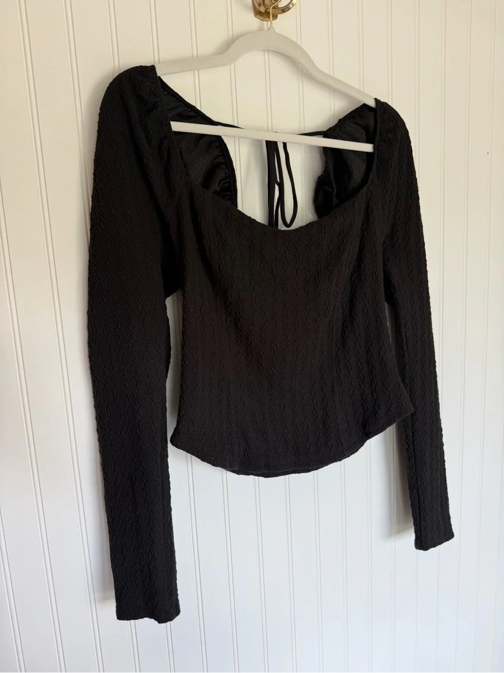 Free People Brittany Top Black Puff Sleeve Square Neck Tie Back Size L